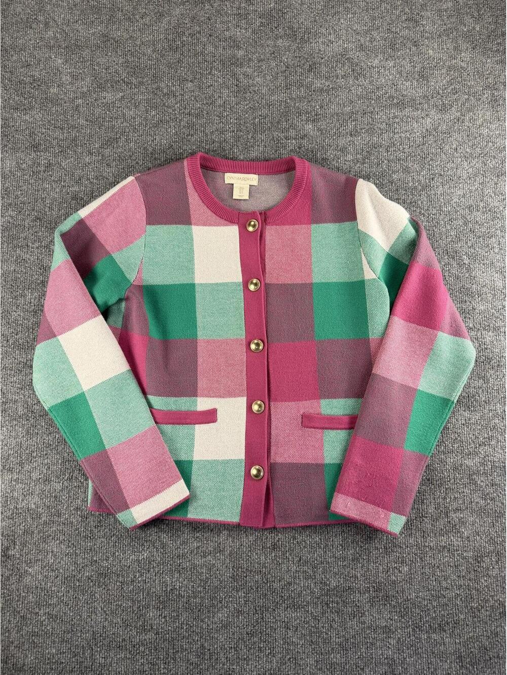 Vintage Cynthia Rowley Pink Green Plaid Cardigan Sweater - Bubblegum, Preppy